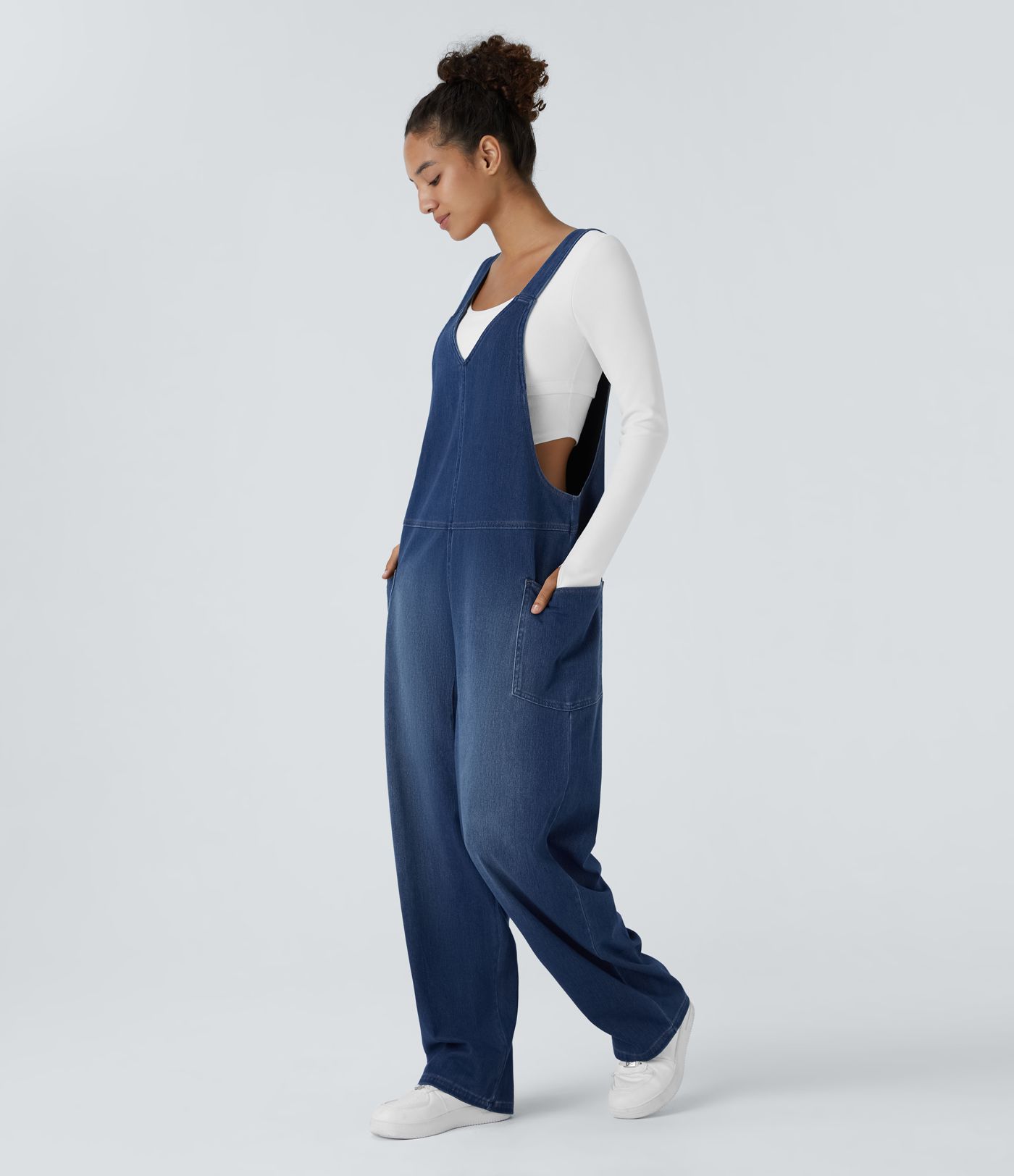 HalaraMagic™ V-Neck Side Pocket Washed Stretch Knit Denim Casual Overall