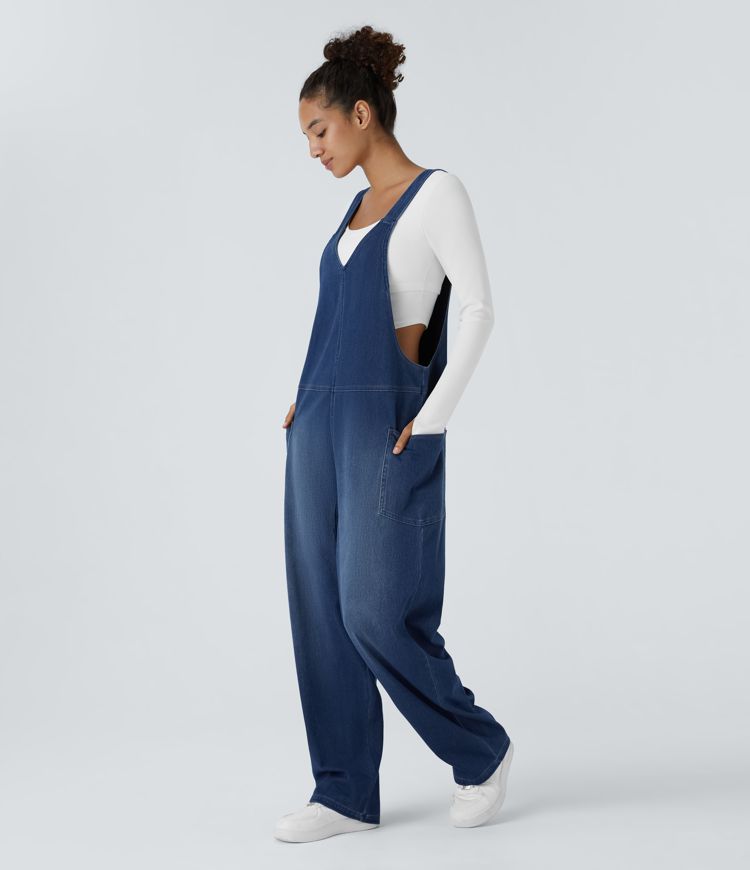 HalaraMagic™ V Neck Side Pocket Washed Stretchy Knit Denim Casual Overalls