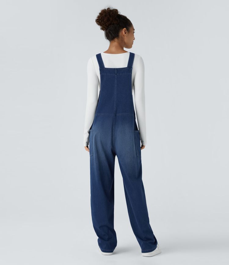 HalaraMagic™ V Neck Side Pocket Washed Stretchy Knit Denim Casual Overalls