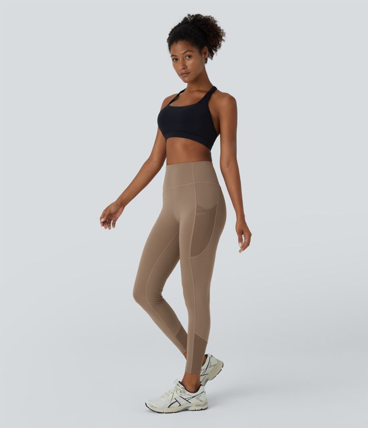 High-waist side crossover pocket contrast mesh 7,8-part yoga leggings