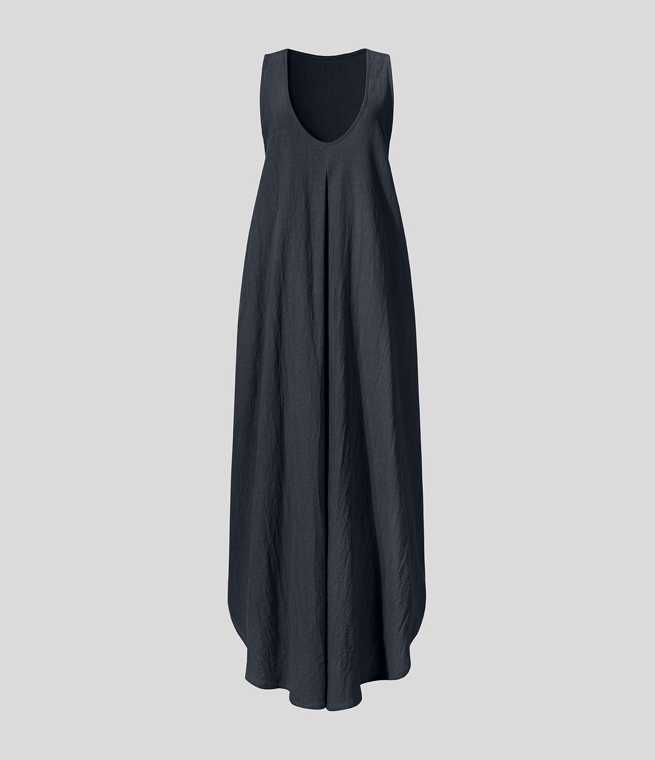 U-neck sleeveless pleated side pocket flowy maxi casual linen-feel dress