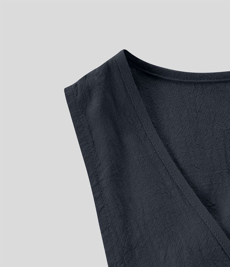 U-neck sleeveless pleated side pocket flowy maxi casual linen-feel dress