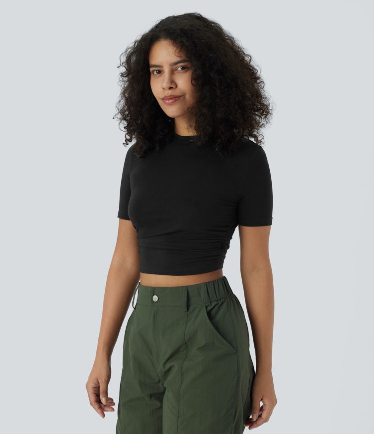 Round Neck Short Sleeve Ruched Skinny Cropped Casual T-Shirt