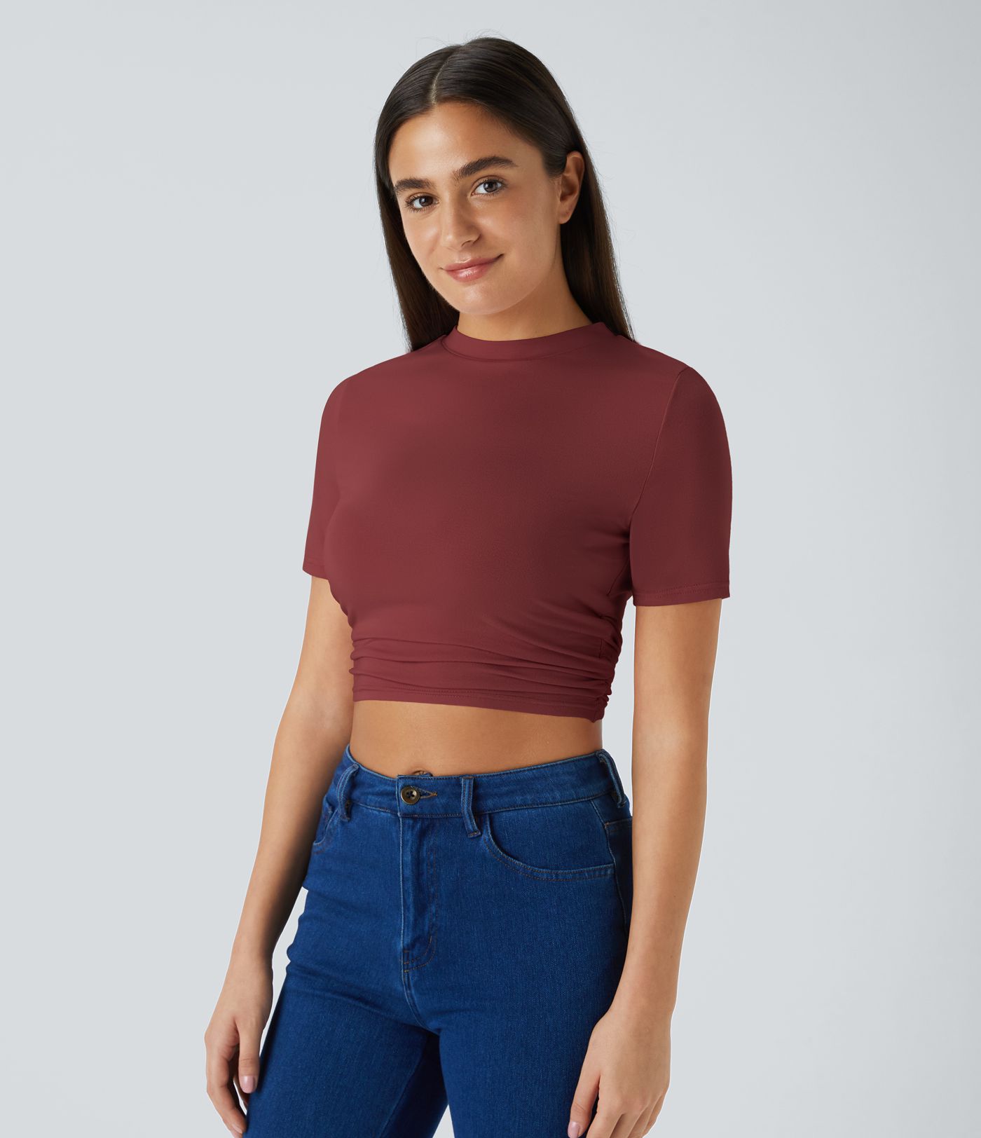 Rundhals Kurzarm Gerafftes Figurbetontes Kurzes Lässiges T-Shirt