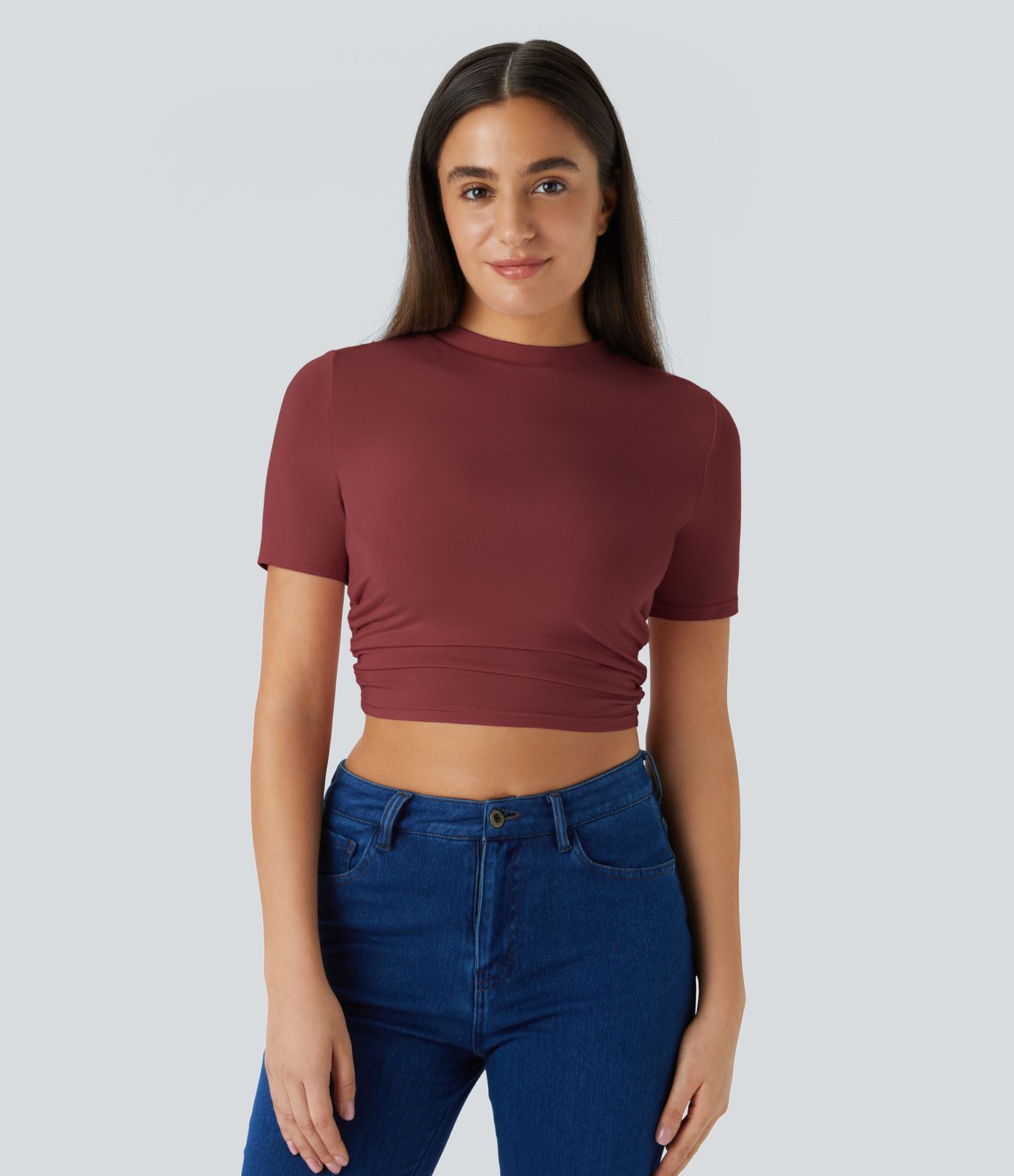 Rundhals Kurzarm Gerafftes Figurbetontes Kurzes Lässiges T-Shirt