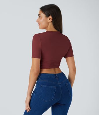 Rundhals Kurzarm Gerafftes Figurbetontes Kurzes Lässiges T-Shirt