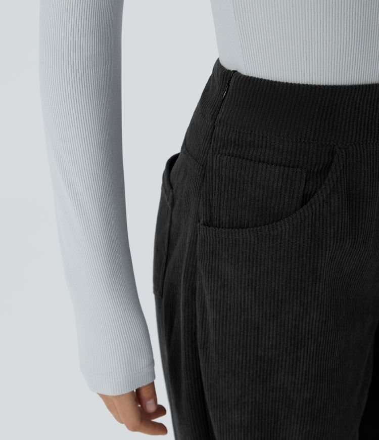 High Waisted Pockets Wide Leg Corduroy Work Pants