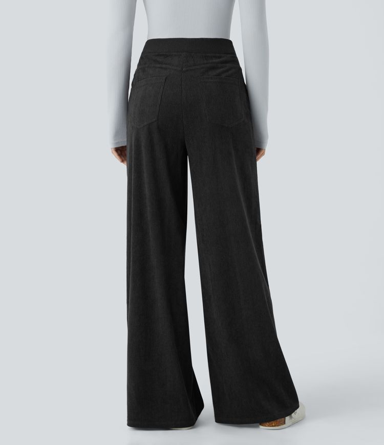High Waisted Invisible Zipper Multiple Pockets Wide Leg Corduroy Work Pants