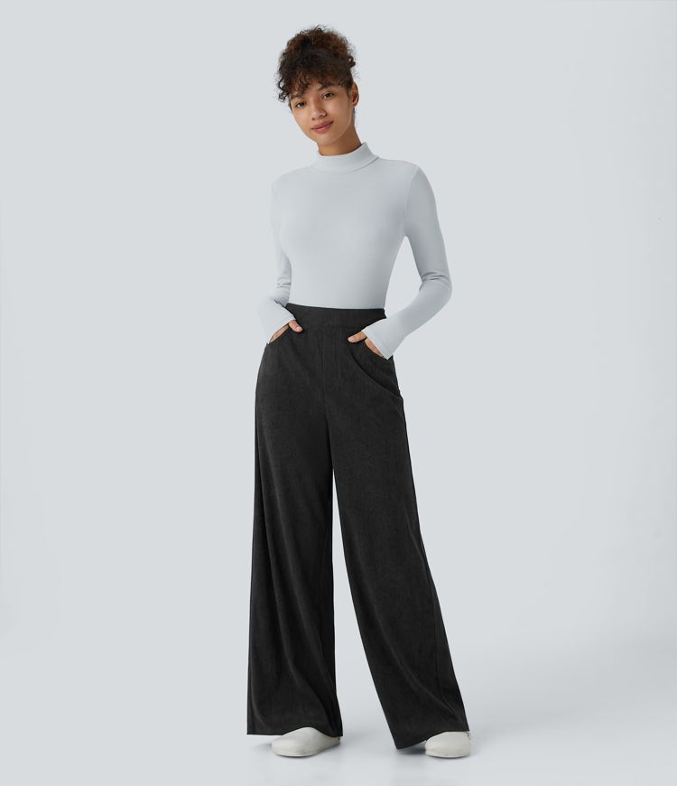 High Waisted Pockets Wide Leg Corduroy Work Pants