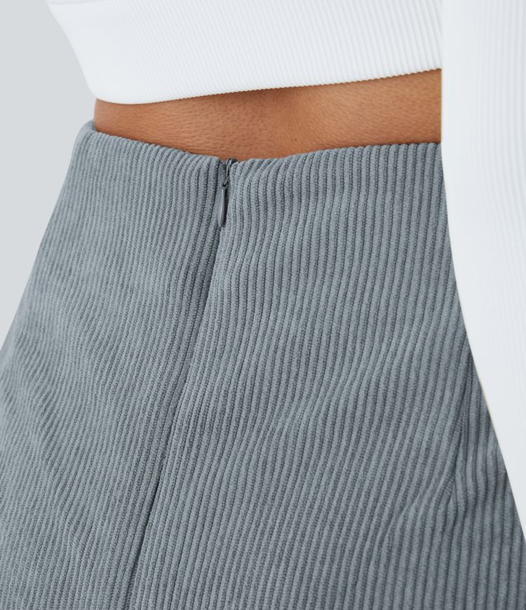 High Waisted Back Zipper Split Hem 2-in-1 Corduroy Casual Skirt