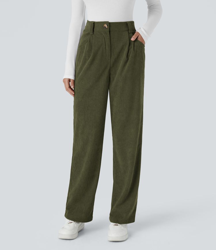 High Waisted Button Zipper Side Pocket Corduroy Casual Pants