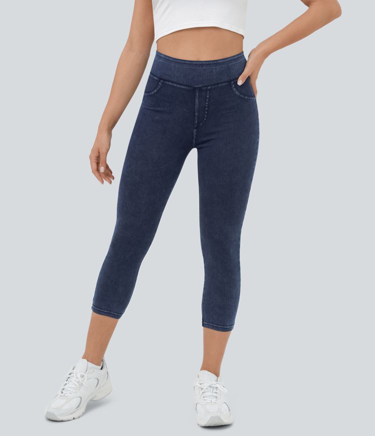 Halara Flex™ High Waist Back Pocket Stretch Knit Denim Capri Casual Leggings