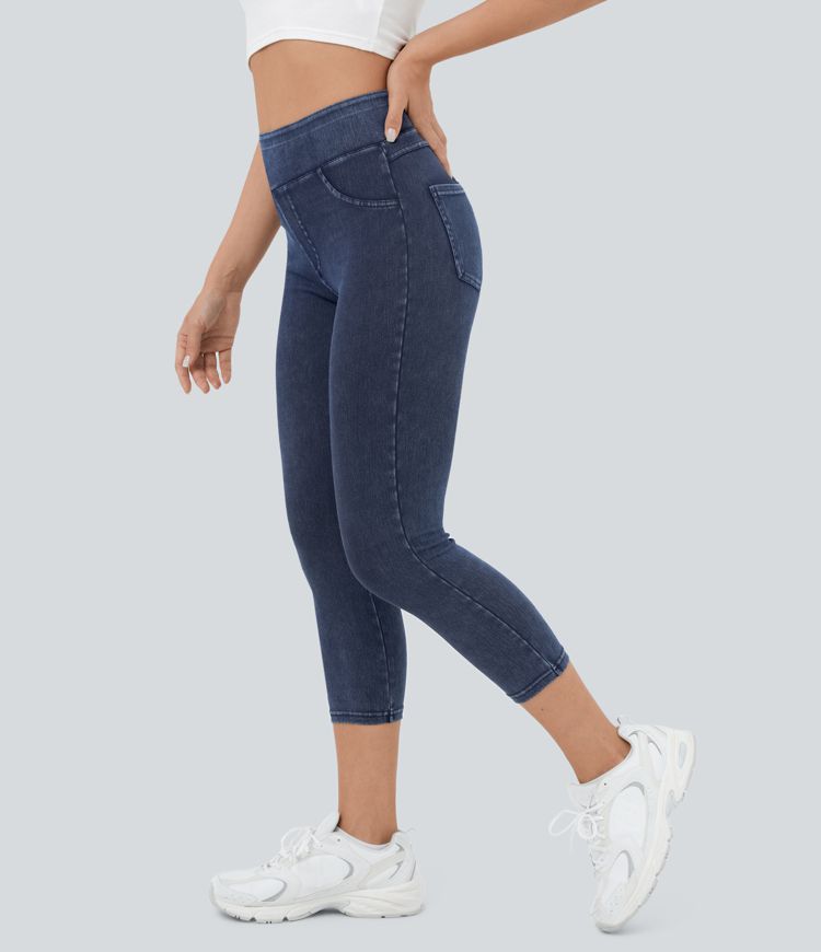 Halara Flex™ High Waist Back Pocket Stretch Knit Denim Capri Casual Leggings