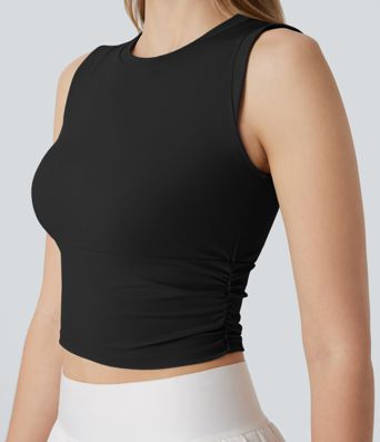 SoftlyZero™ Airy Round Neck Ruched Cool Touch Cropped Tennis Tank Top