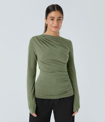Long Sleeve Asymmetric Ruched Work Top
