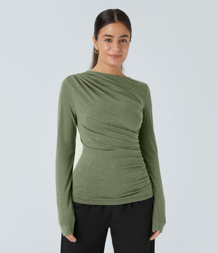 Long Sleeve Asymmetric Ruched Work Top