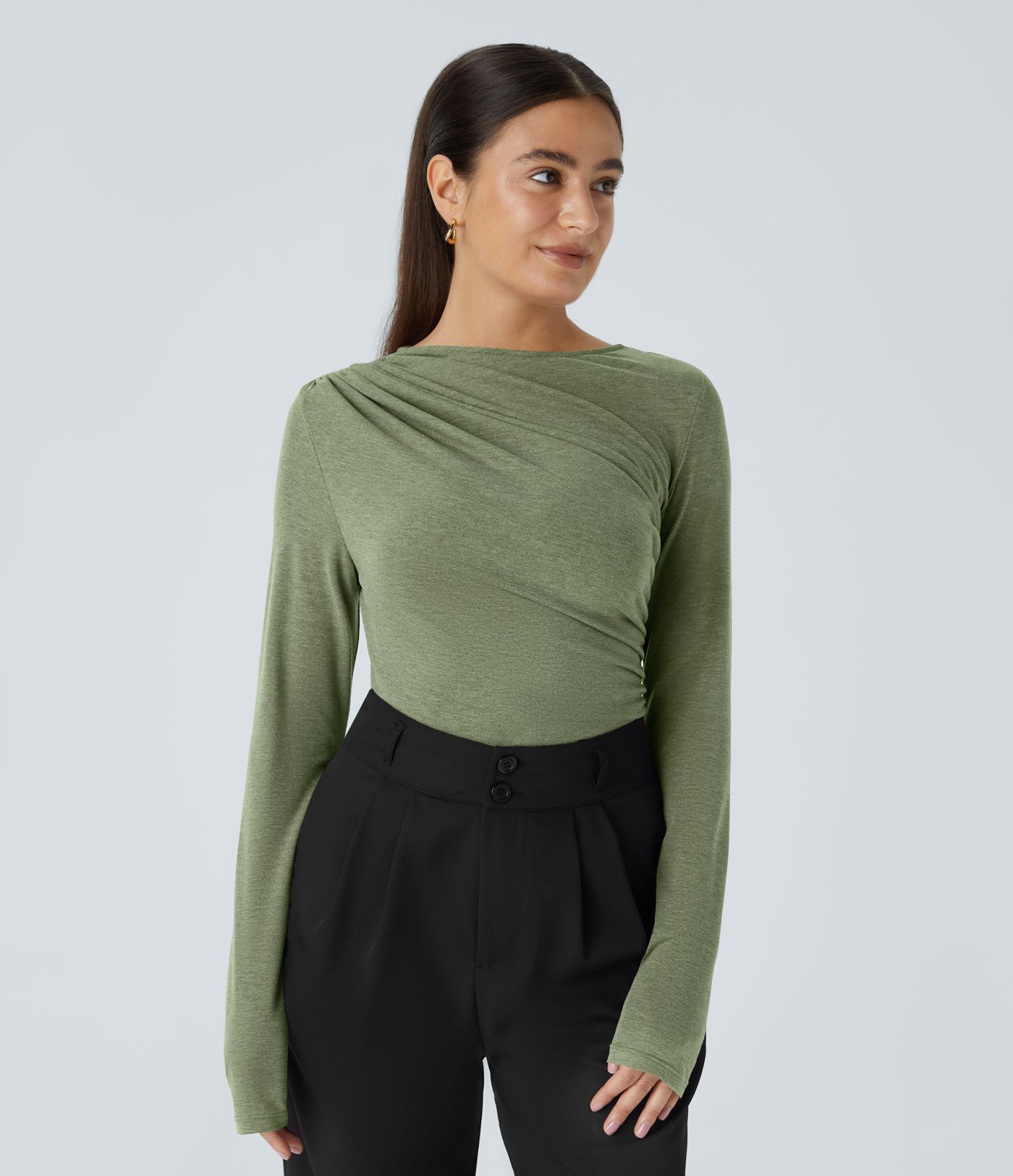 Long Sleeve Asymmetric Ruched Work Top