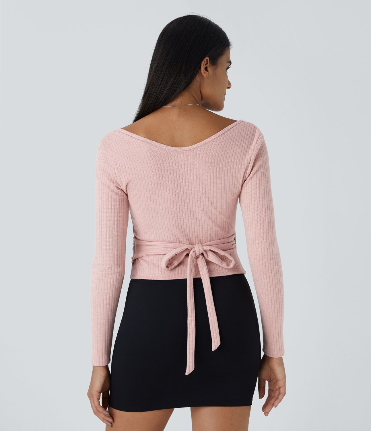 Ribbed knit V-neck wrapping long sleeve casual sweater