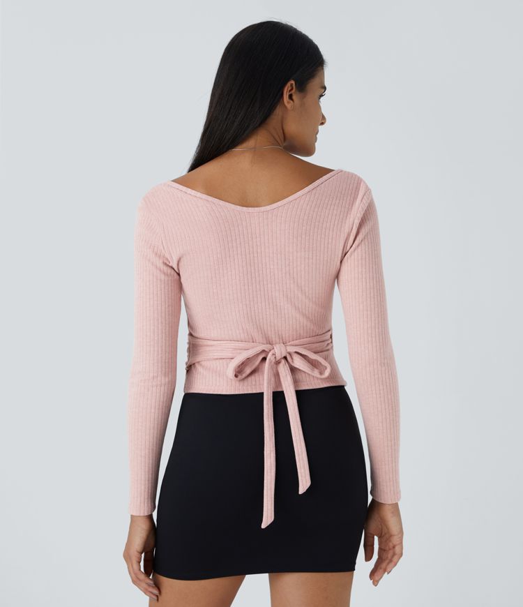 Ribbed knit V-neck wrapping long sleeve casual sweater