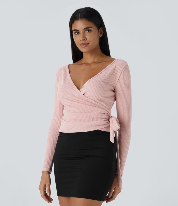 Ribbed knit V-neck wrapping long sleeve casual sweater