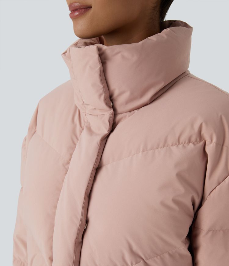 Water Repellent Funnel Neck Pocket Snap Zipper Drawstring Hem Relaxed Casual Puffer Down Jacket