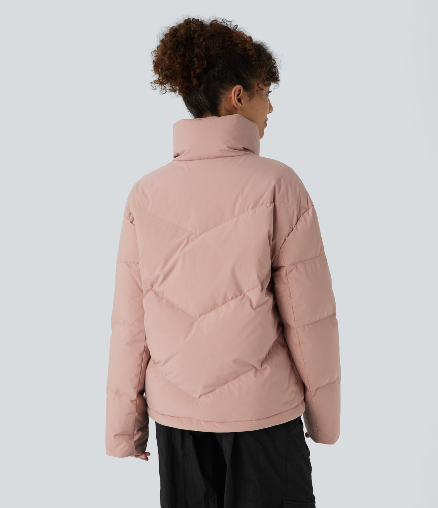 Water Repellent Funnel Neck Side Pocket Snap Button Zipper Drawstring Hem Relaxed Casual Puffer Down Jacket