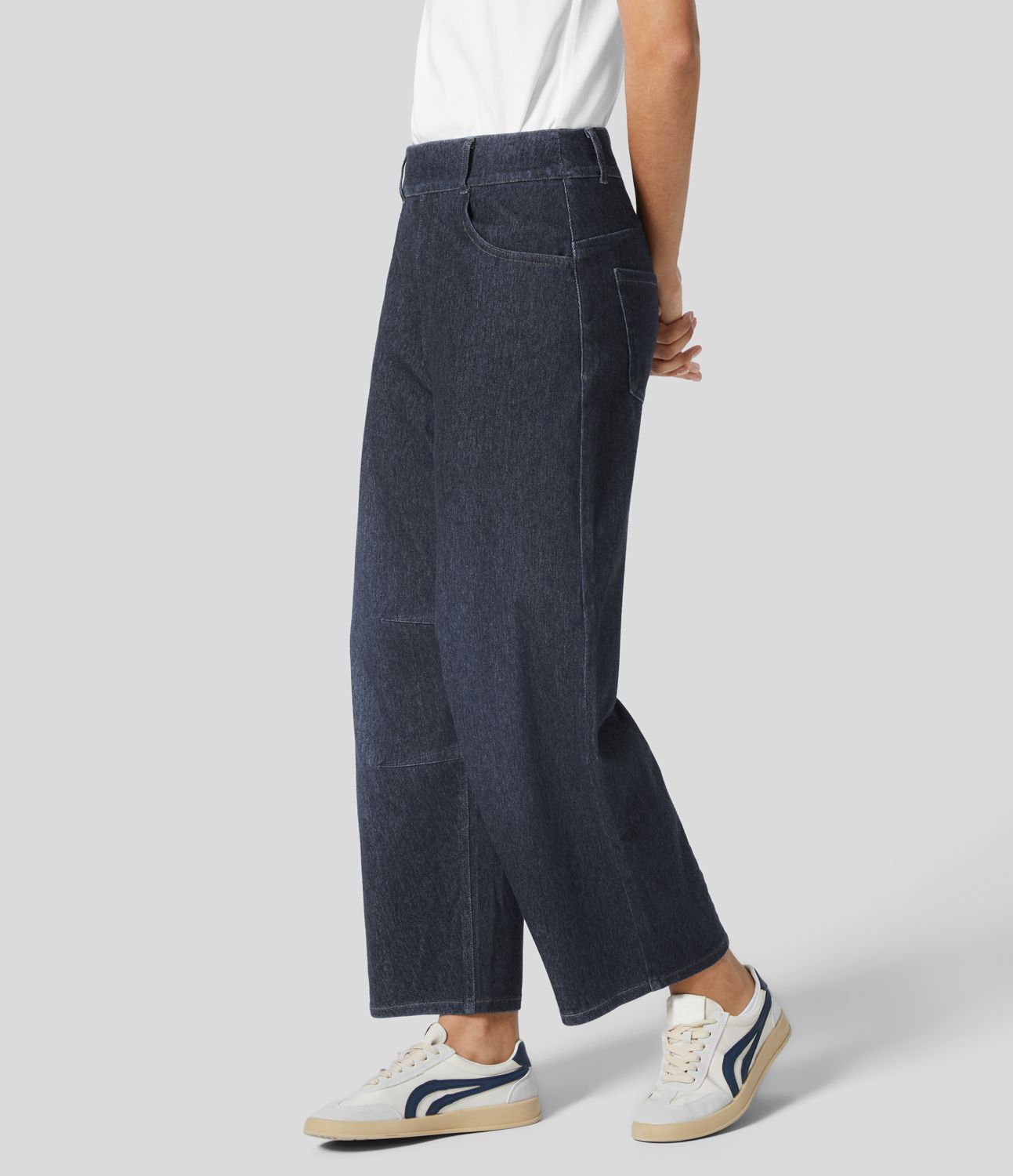 Halara Flex™ Mid-Waist Multi-Pocket Barrel Leg Straight Knit Workwear Jeans