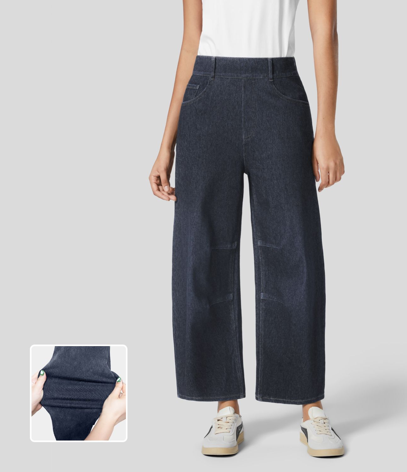 Halara Flex™ Mid-Waist Multi-Pocket Barrel Leg Straight Knit Workwear Jeans