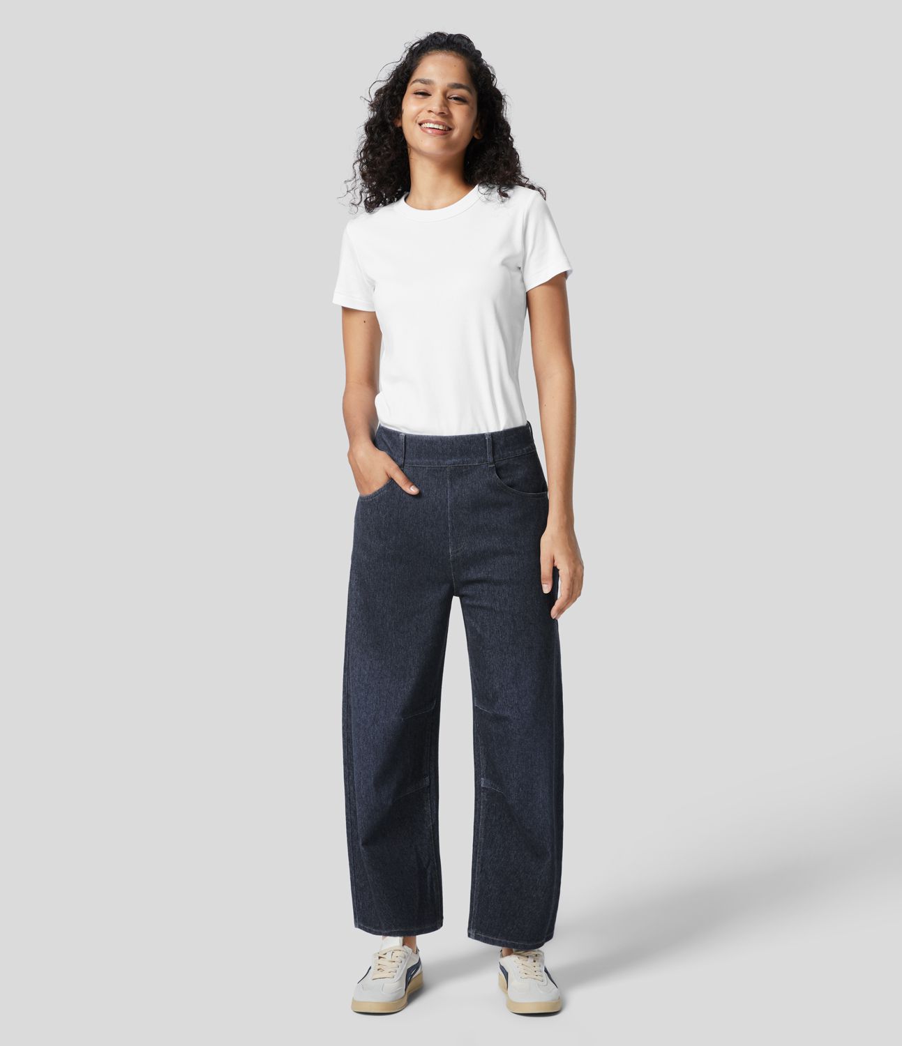 Halara Flex™ Mid-Waist Multi-Pocket Barrel Leg Straight Knit Workwear Jeans