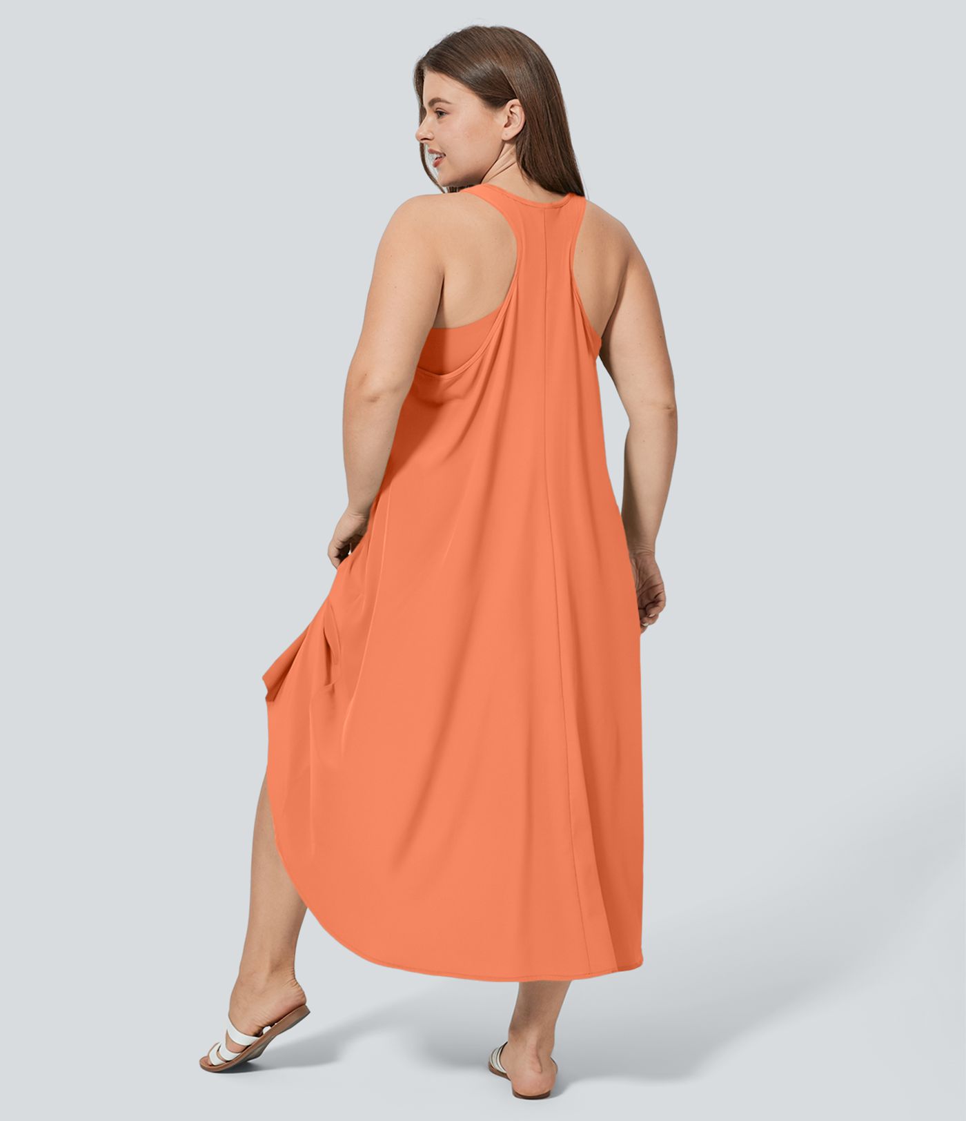 Vestido Breezeful™ sin espalda cruzada bolsillo lateral alto bajo fluido media pierna secado rápido talla grande