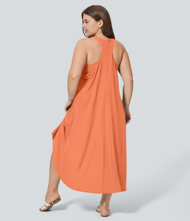 Vestido Breezeful™ sin espalda cruzada bolsillo lateral alto bajo fluido media pierna secado rápido talla grande