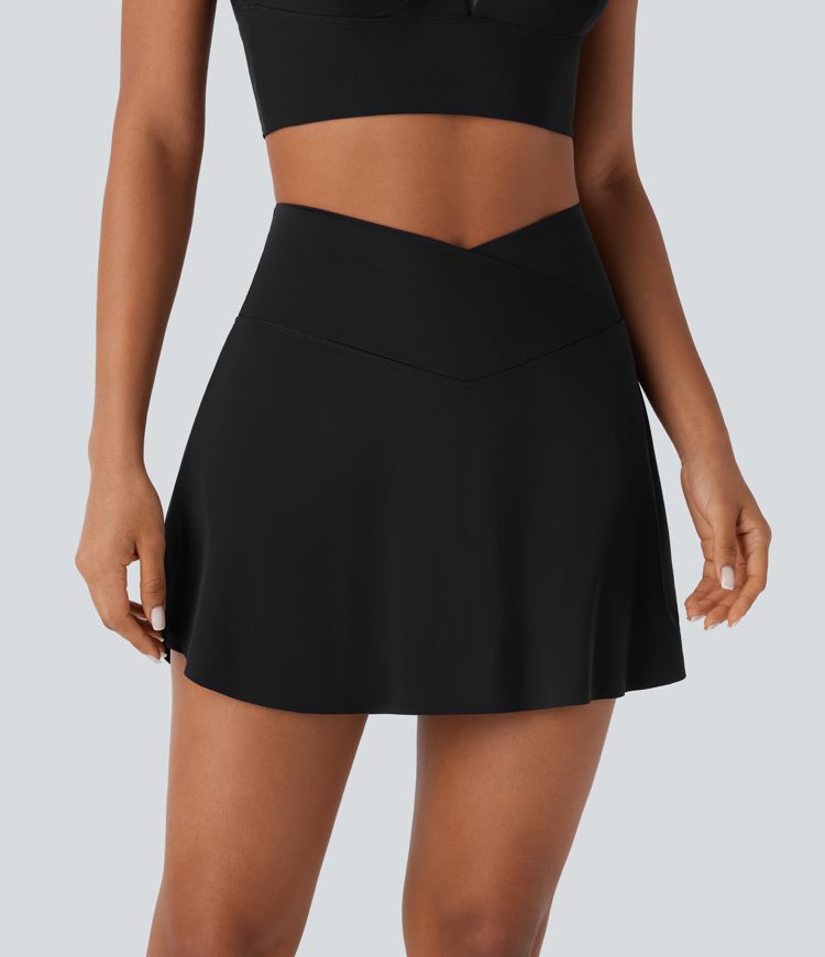 Mini-jupe à taille haute avec poches, croisée 2-en-1, à séchage rapide et toucher frais