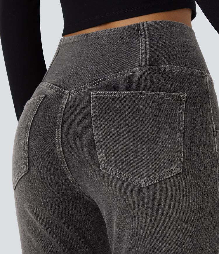 Jean Halara Flex™ taille haute avec poches croisées, délavés, décontractées et larges jambes