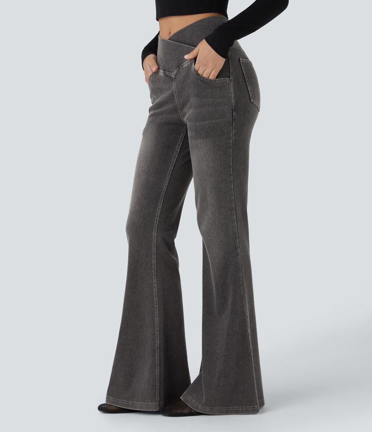 Jean Halara Flex™ taille haute avec poches croisées, délavés, décontractées et larges jambes