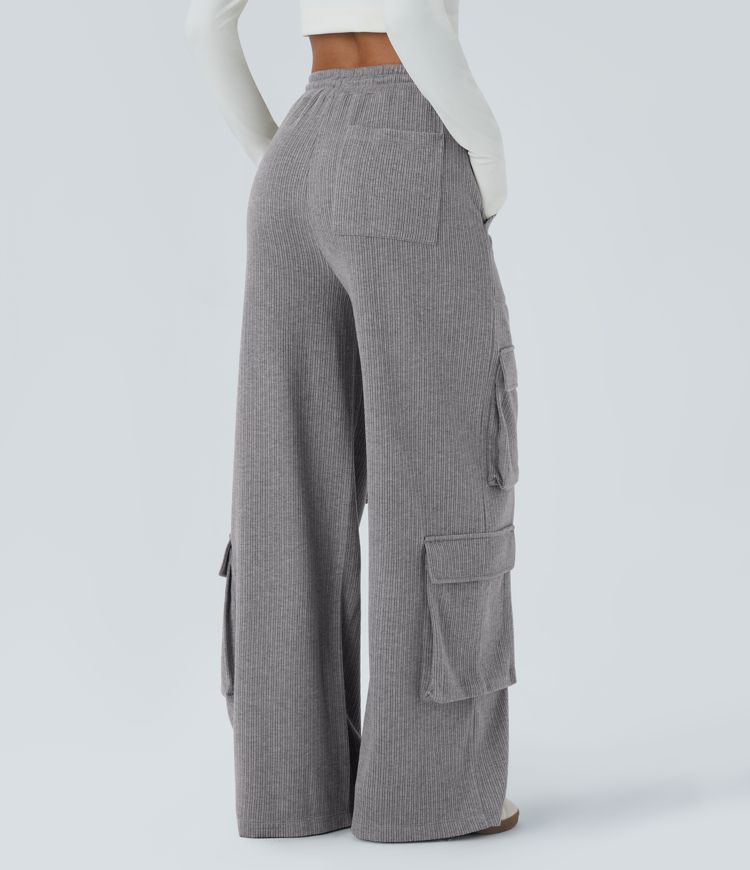 Ribbed Mid Rise Drawstring Multiple Pockets Wide Leg Cargo Casual Pants