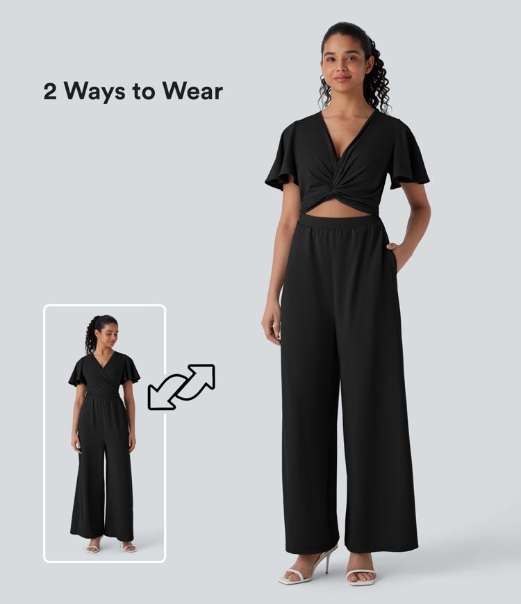 Lässiger, fließender Jumpsuit mit V-Ausschnitt, Schmetterlingsärmeln, Seitentaschen, Schnürung auf der Rückseite und weitem Bein