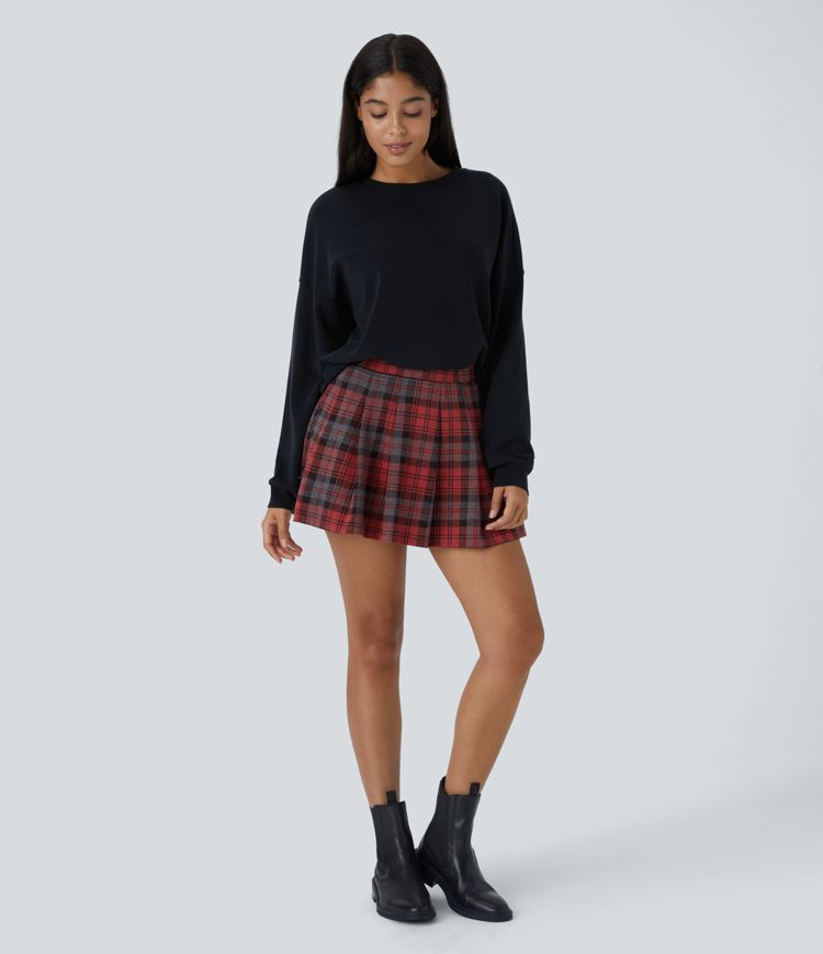 High-waist side pocket 2-in-1 checkered pleated mini casual skirt