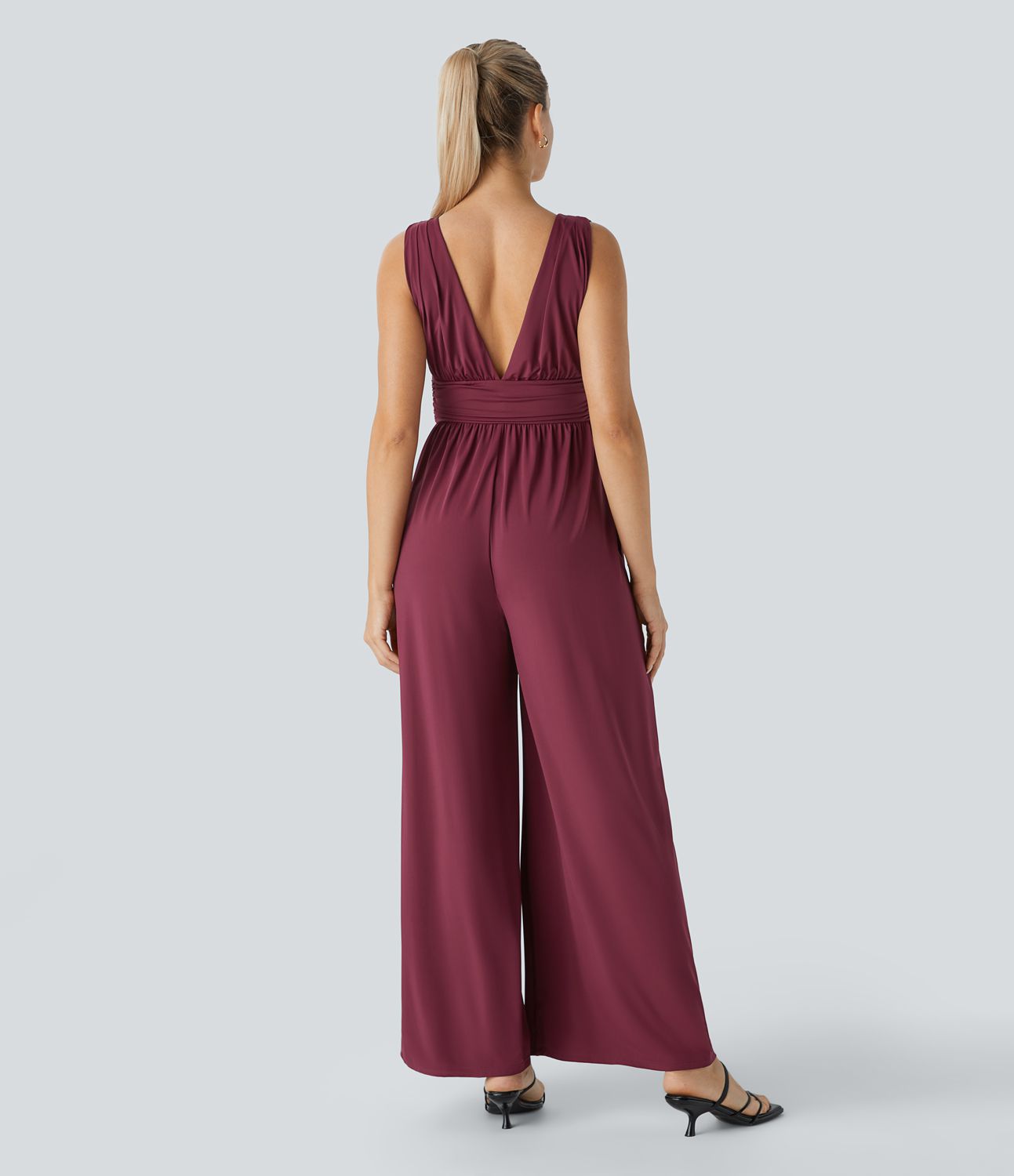 Pine V-neck pleated backless sleeveless side pocket wide party jumpsuit