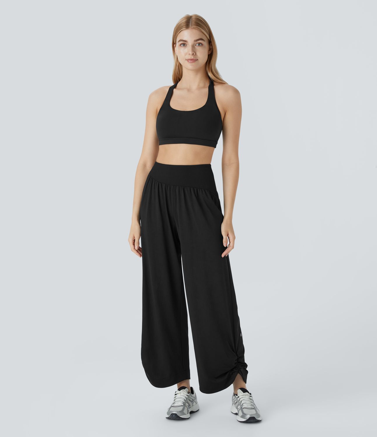 Pantalon de Yoga à Taille Haute avec Contrasté Côtelé Poches Latérales Fronces et Ourlet Arrondi