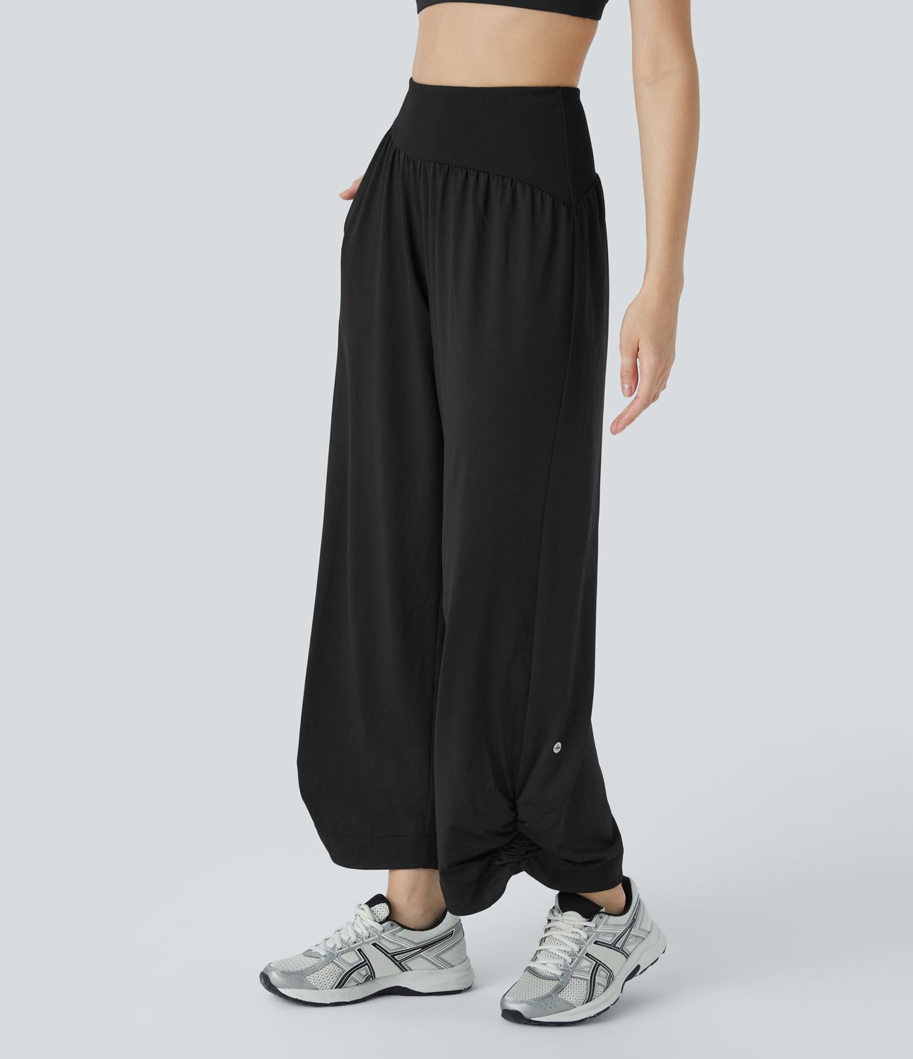 Pantalon de Yoga à Taille Haute avec Contrasté Côtelé Poches Latérales Fronces et Ourlet Arrondi