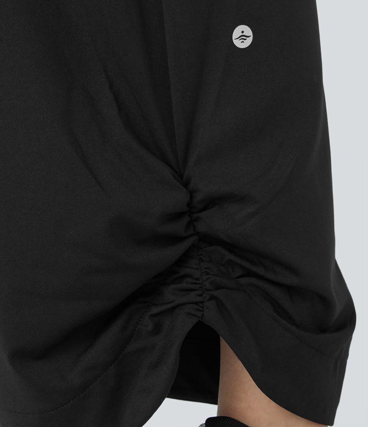 Pantalon de Yoga à Taille Haute avec Contrasté Côtelé Poches Latérales Fronces et Ourlet Arrondi