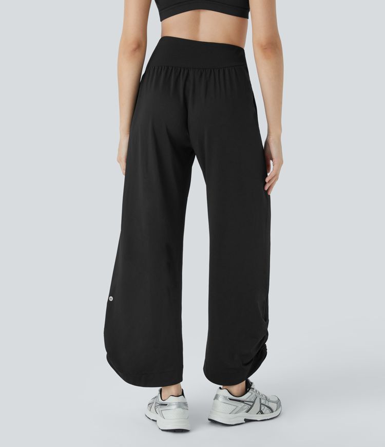 Pantalon de Yoga à Taille Haute avec Contrasté Côtelé Poches Latérales Fronces et Ourlet Arrondi