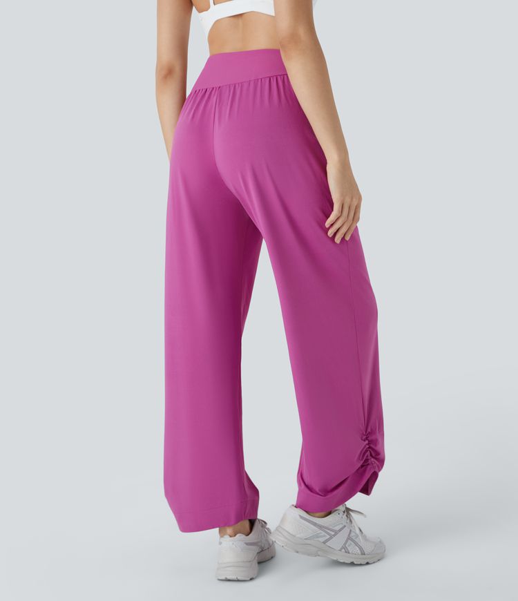 Pantalón yoga dobladillo curvo fruncido bolsillo lateral acanalado contrastante tiro alto