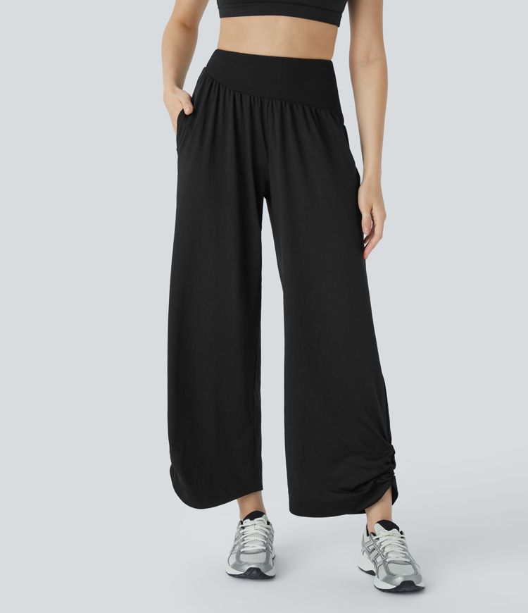 Pantalon de Yoga à Taille Haute avec Contrasté Côtelé Poches Latérales Fronces et Ourlet Arrondi