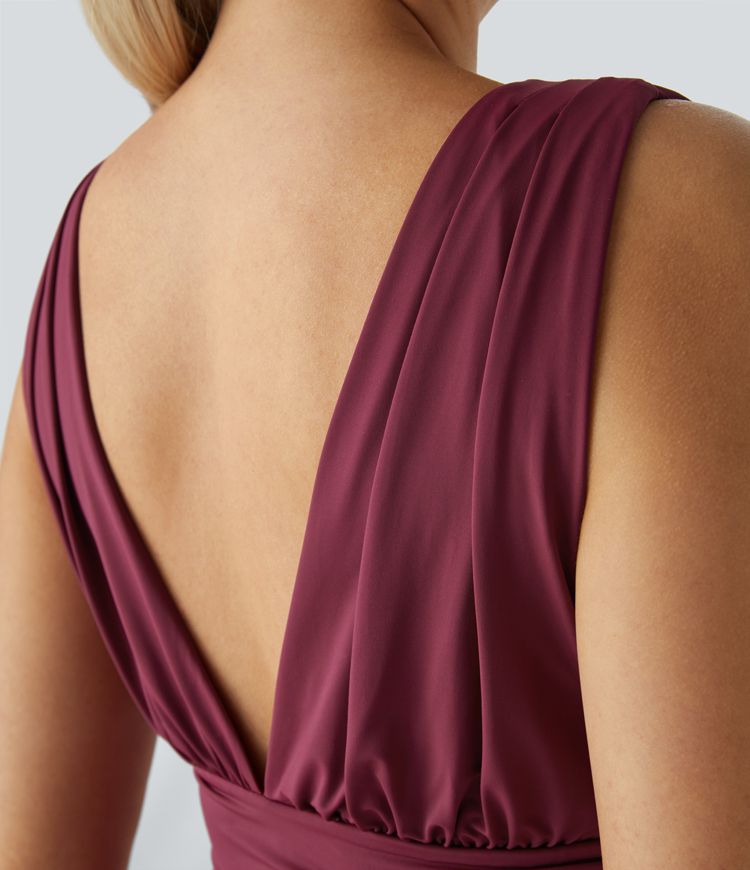 Pine V-neck pleated backless sleeveless side pocket wide party jumpsuit