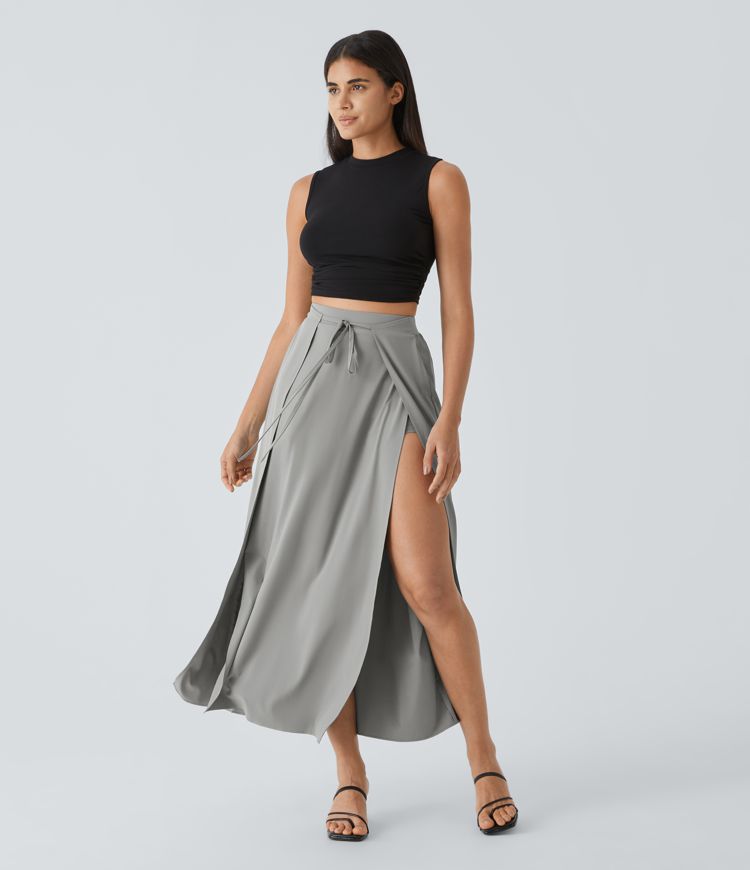 Breezeful™ High Waisted Tie Front Flowy 2-in-1 Maxi Quick Dry Casual Skirt