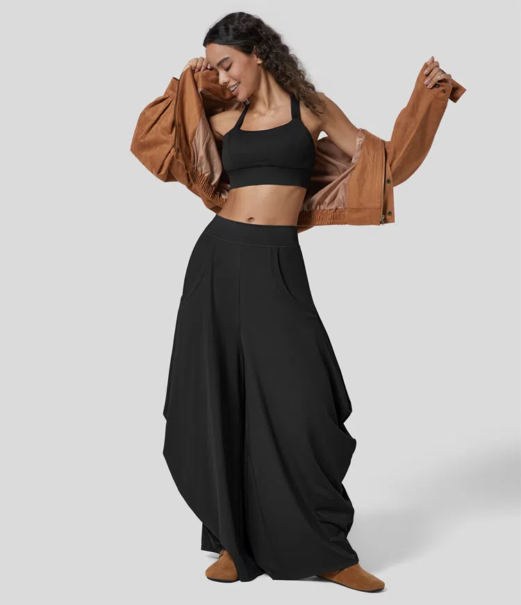 Pantalon drapeado de pierna ancha y tiro medio con multiples bolsillos de mujer Halara