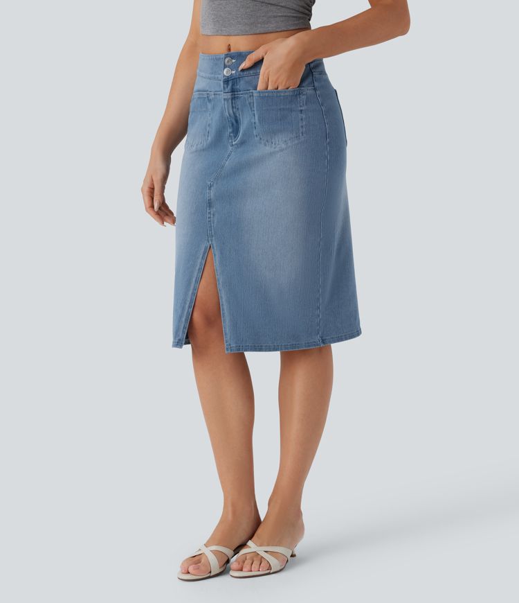Halara Flex™ Mid Rise Pockets Straight Washed Denim Casual Skirt