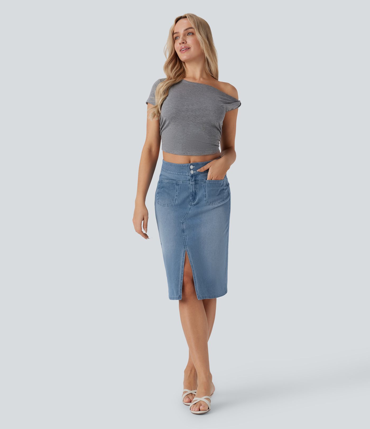 Falda Halara Flex™ Denim mezclilla elástico lavada recta dividida múltiple bolsillo tiro medio