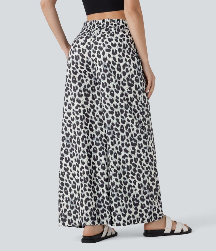 High Waisted Drawstring Pocket Leopard Print Wide Leg Casual Pants